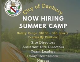 City of Danbury. Now Hiring Summer Camp. Salary Range $16.35-$40 Hourly. Site Directors, Assistant Site Directors, Team Leaders, Camp Counselors, Nurses. Go to the City of Danbury website, Danbury-ct.gov for more information.