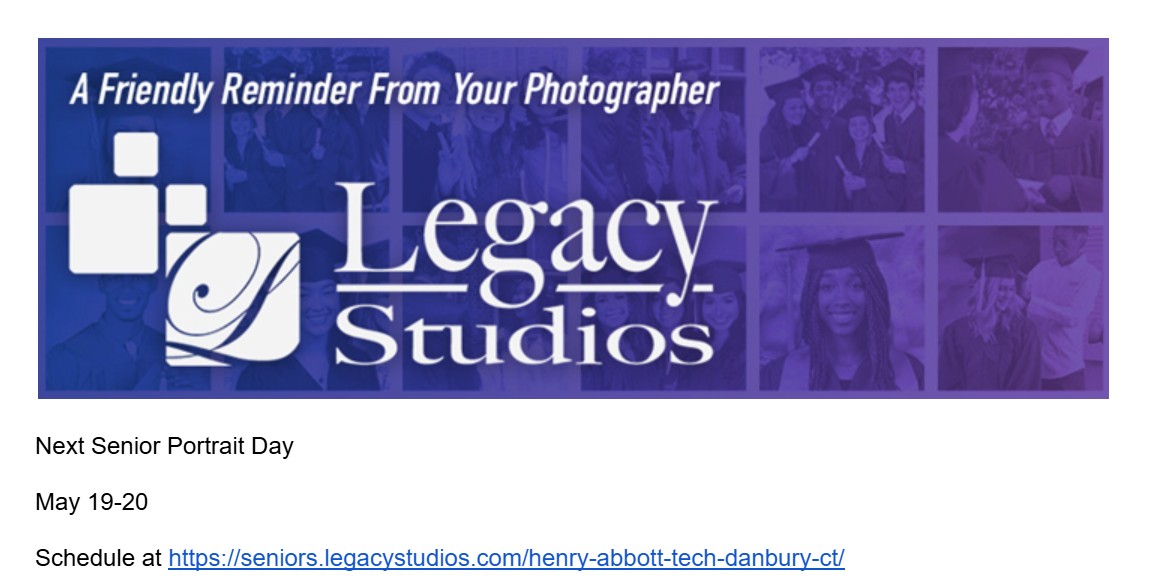senior portrait day Next Senior Portrait Day May 19-20. Schedule your appointment at https://seniors.legacystudios.com/henry-abbott-tech-danbury-ct/