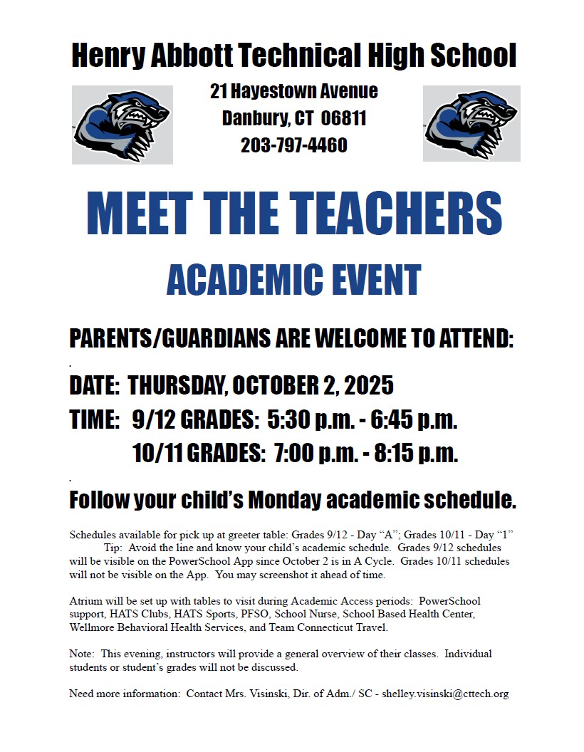 Meet the Teachers. Academic Event. Parents/Guardians are welcome to attend: Thursday October 2, 2025. Grades 9/12 5:30-6:46 pm. Grades 10/11 7:00-8:15 pm. Follow your child's Monday academic schedule.